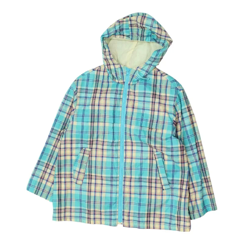 United Colors Of Benetton Womens Blue Check Hooded Jacket | Vintage Designer VTG Fitted Jacket Loose Jacket Oversized Jacket