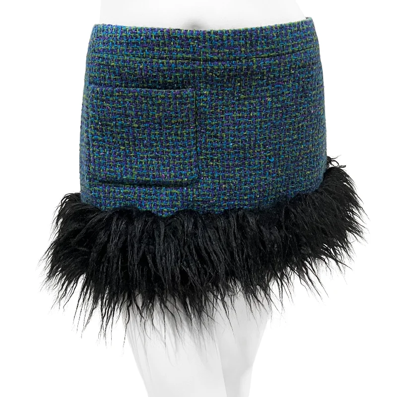 2021 Blue Tweed and Faux Fur Mini Skirt breathable skirt fabric