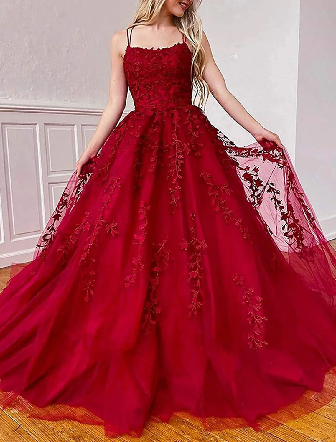 A-Line Prom Dresses Floral Dress Formal Wedding Guest Chapel Train Sleeveless Spaghetti Strap Tulle with Appliques Tunics Modern contemporary A-Line Prom Dresses Floral Dress Formal Wedding Guest Chapel Train Sleeveless Spaghetti Strap Tulle with Appliques Tunics Modern contemporary