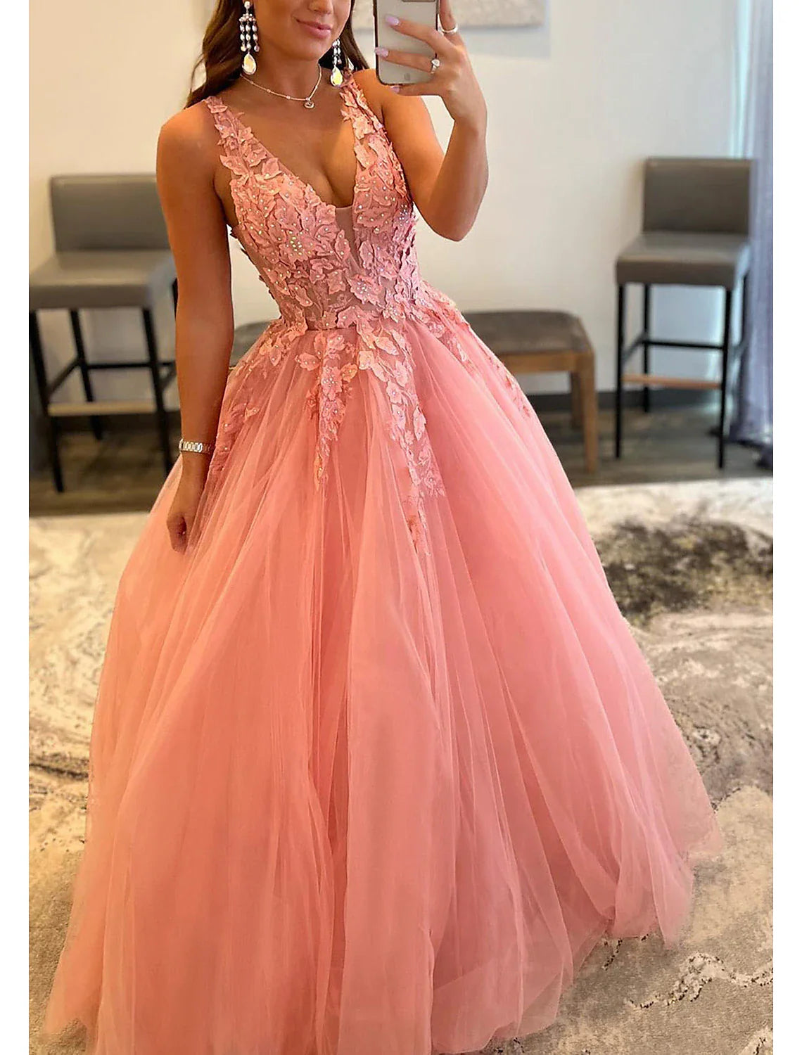 A-Line Prom Dresses Open Back Dress Formal Wedding Guest Floor Length Sleeveless V Neck Tulle Backless with Pleats Beading Appliques Tunics Cozy soft A-Line Prom Dresses Open Back Dress Formal Wedding Guest Floor Length Sleeveless V Neck Tulle Backless with Pleats Beading Appliques Tunics Cozy soft