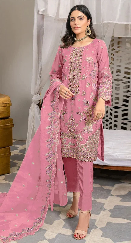 Women's Pink Organza Embroidered With Khatli Work Kurta With Trouser & Dupatta - Jyoti Fashion Trousers luxurious high-end