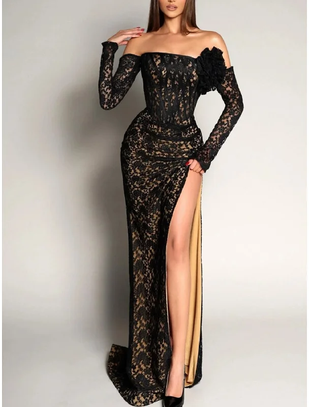 A-Line Evening Gown Elegant Dress Formal Sweep / Brush Train Long Sleeve Off Shoulder Lace with Slit Shouder Flower Tunics Practical durable