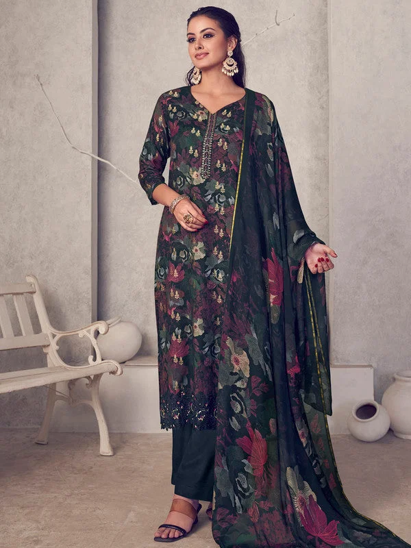 Women's Black Pure Pashmina Digital Print With Jacquard Woven Kurta With Trouser & Dupatta - Jyoti Fashion Trousers Leather Faux