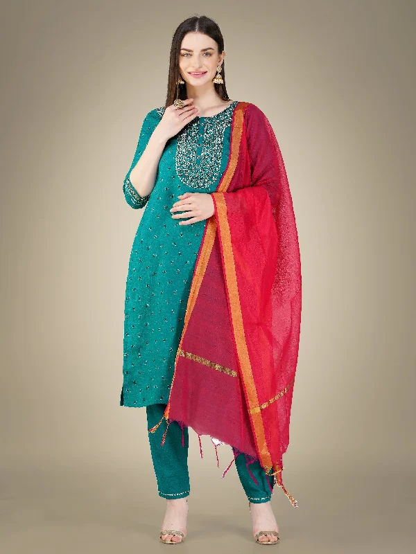 Women's Rama Cotton Magic Slub Embroidery & Sequence Work Kurta With Trouser & Dupatta - Jyoti Fashion Trousers Solid Black