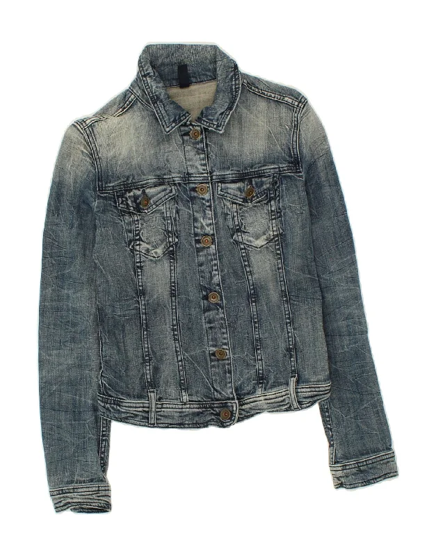 BENETTON Womens Crop Denim Jacket UK 10 Small Blue Cotton Toggled Jacket Drawstring Jacket Belted Jacket