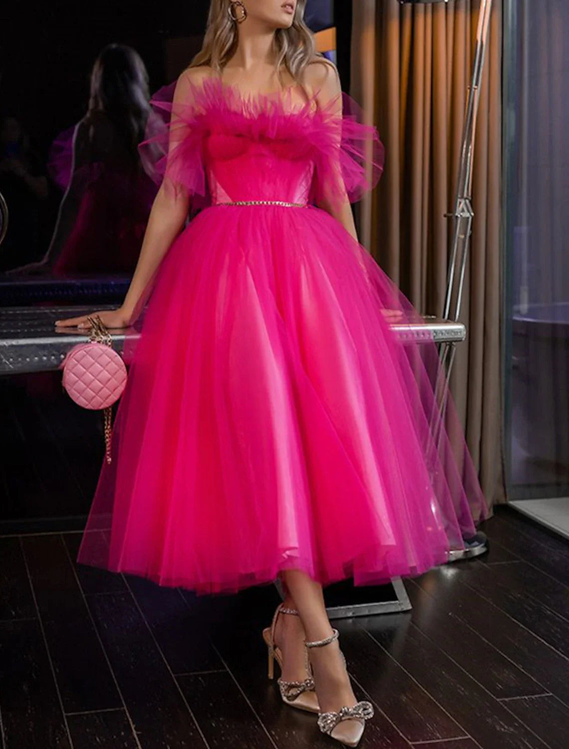 A-Line Evening Gown Elegant Dress Wedding Guest Party Wear Tea Length Sleeveless Strapless Tulle with Pleats Tunics Print Colorful