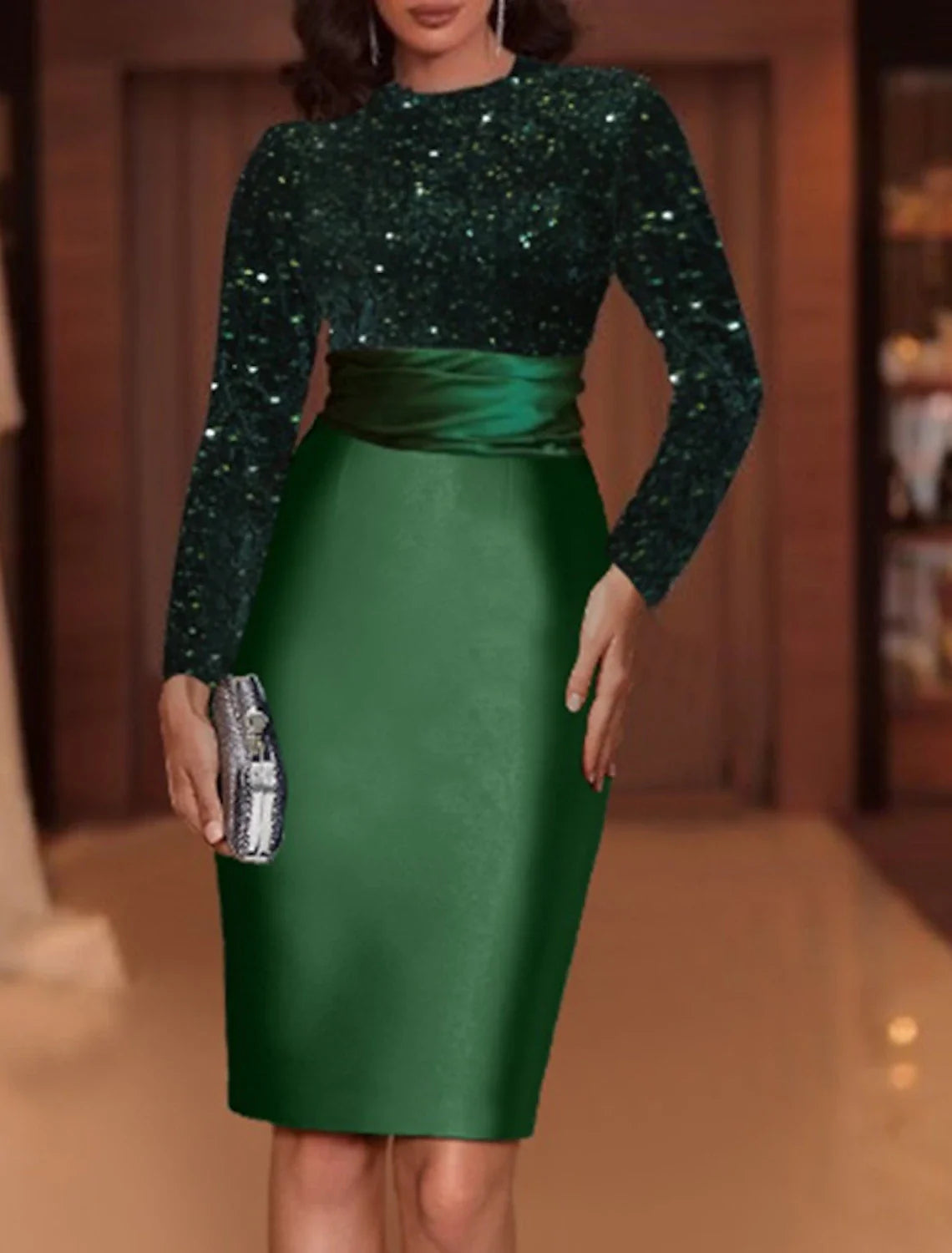 Sheath Evening Gown Elegant Dress Red Green Dress Knee Length Long Sleeve High Neck Satin with Sequin Tunics Business professional Sheath Evening Gown Elegant Dress Red Green Dress Knee Length Long Sleeve High Neck Satin with Sequin Tunics Business professional