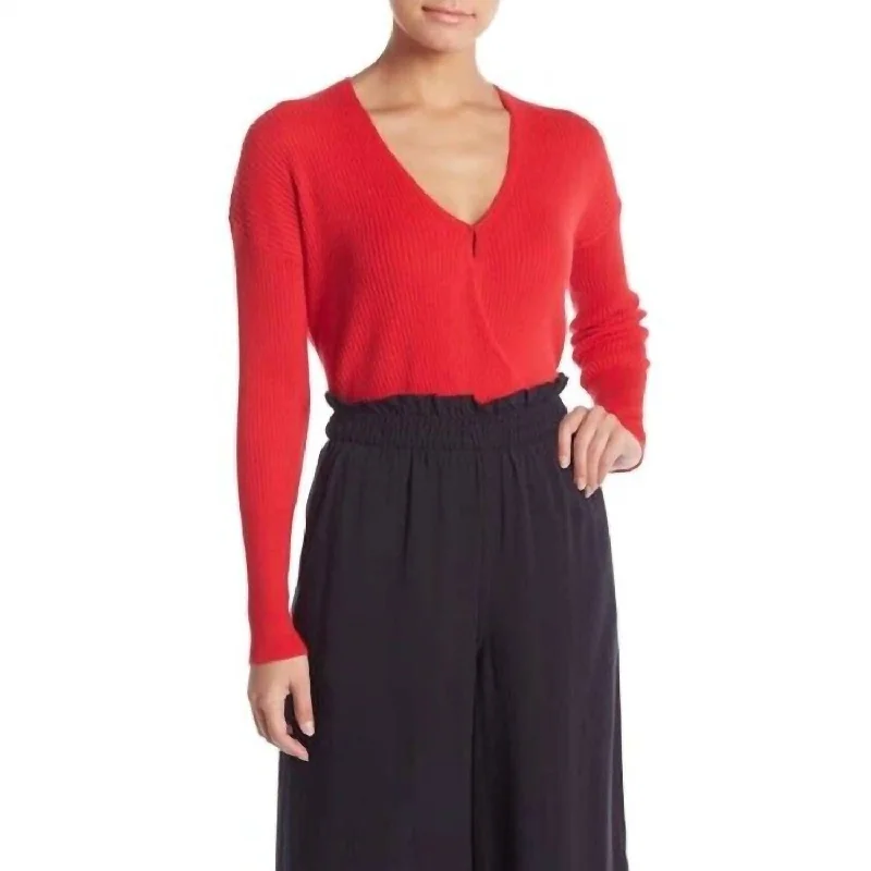 Knit Faux Wrap Ribbed V Neck Surplice Sweater In Red Toggled Drawstring Belted