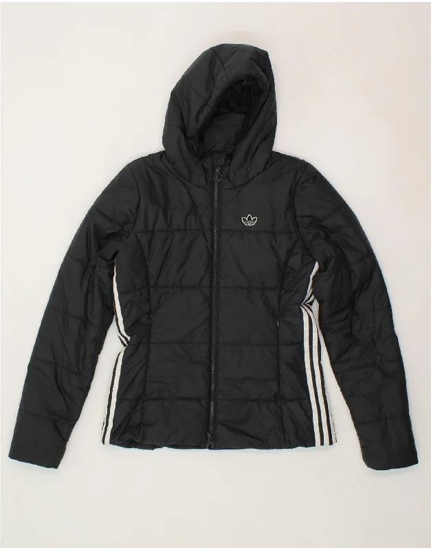 ADIDAS Womens Hooded Padded Jacket UK 10 Small Black Polyester Satin Fabric Silk Fabric Chiffon Fabric