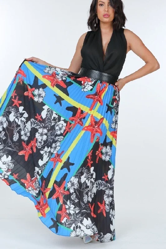 Pleated Print Maxi Skirt With Leather Waist Band patchwork skirt art