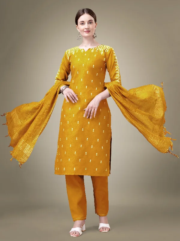 Women's Yellow Cotton Blend Embroidery & Sequence Work Kurta With Trouser & Dupatta - Jyoti Fashion Trousers Mesh Breathable