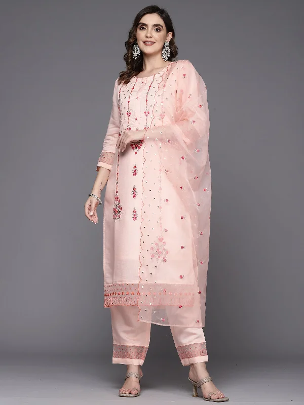 Women's Peach Embroidered Straight Kurta Trousers With Dupatta Set - Indo Era Trousers stylish elegant