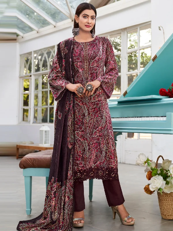 Women's Wine Velvet Digital Print With Resham Thread Work Kurta With Trouser & Dupatta - Jyoti Fashion Trousers Seasonal Trendy