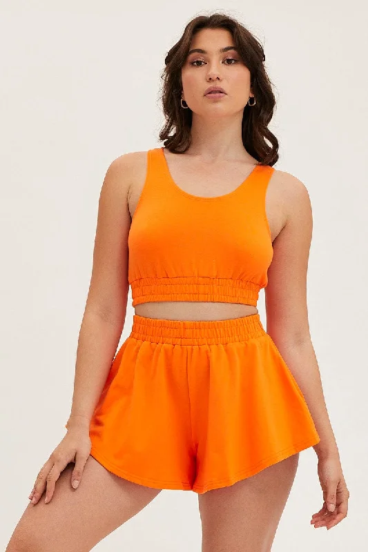 Orange Crop Top Loungewear Set Thin Crop Top Open Front Quick Dry