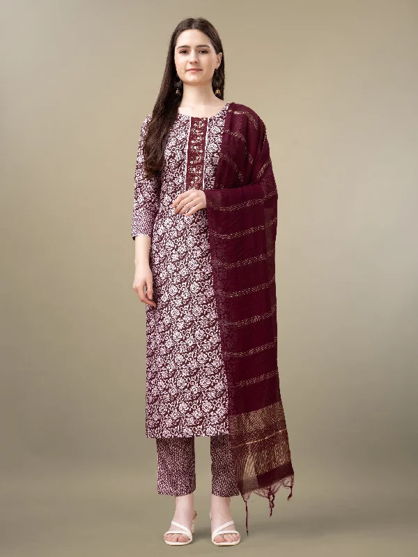 Women's Maroon Rayon Embroidery & Sequence Work Kurta With Trouser & Dupatta - Jyoti Fashion Trousers Culottes Wide Leg