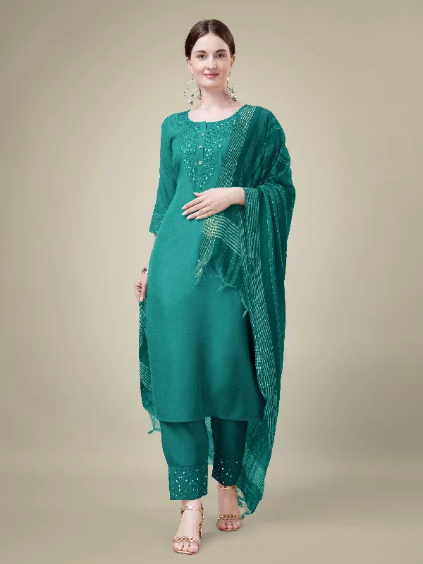Women's Teal Cotton Blend Embroidery & Sequence Work Kurta With Trouser & Dupatta - Jyoti Fashion Trousers Evening Elegant