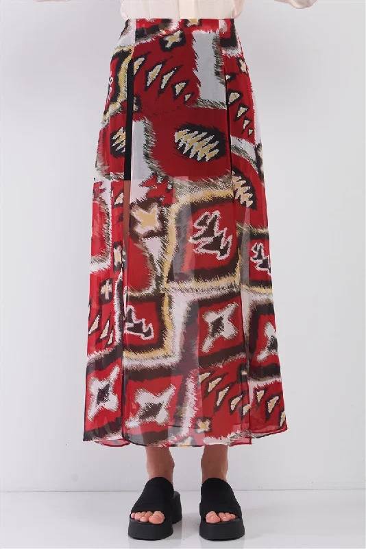 Red & Multi Vintage Graphic Print High-waisted Two Front Slits Maxi Skirt pencil skirt chic