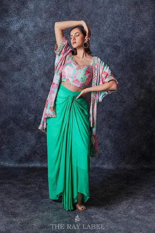Jade Gree Floral Pre Draped Skirt Set wool skirt breathable