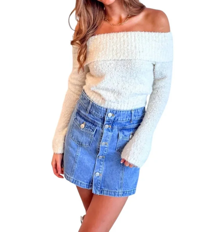 Bliss Off Shoulder Sweater In White Chenille Fabric Brocade Fabric Lace Fabric