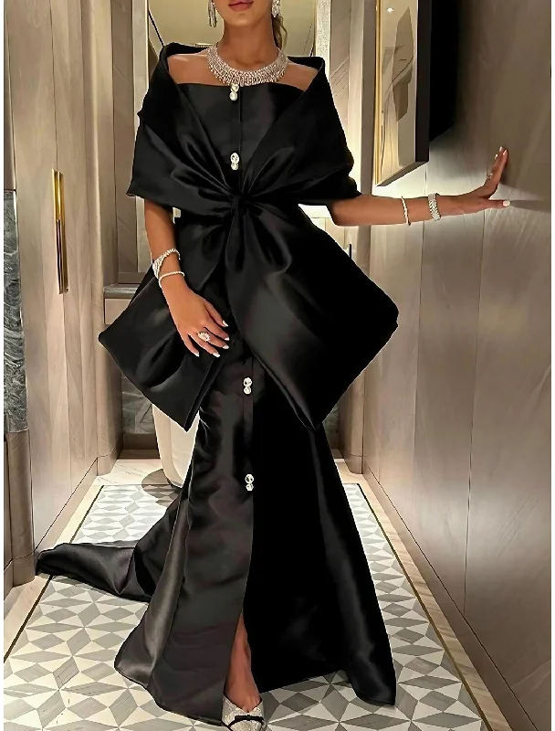Mermaid / Trumpet Evening Gown Elegant Dress Formal Court Train Half Sleeve Off Shoulder Satin with Bow(s) Slit Tunics Modern contemporary
