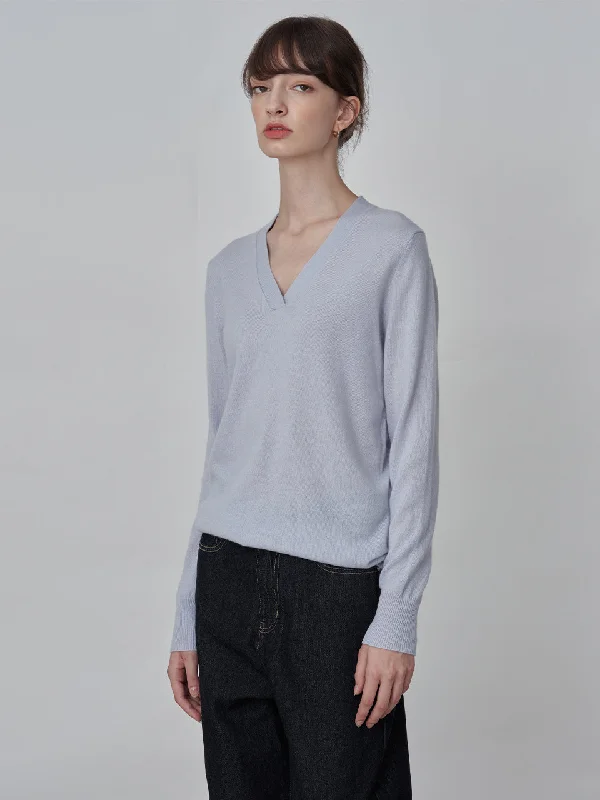 Deep V Neck Sweater_Baby Blue Real Fur Shearling Chenille