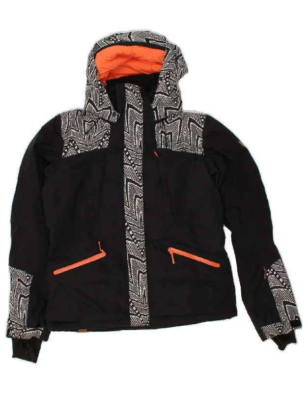 ROXY Womens Abstract Pattern Windbreaker Jacket UK 16 Large Black Welt Pockets Slit Pockets Flap Pockets
