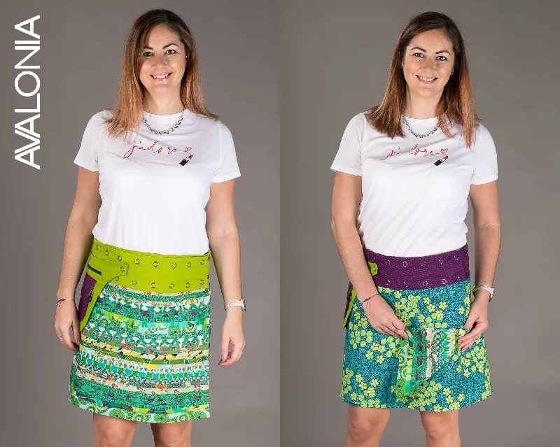 Reversible Cotton Skirt Green Patch Green Print with Pocket casual skirt length