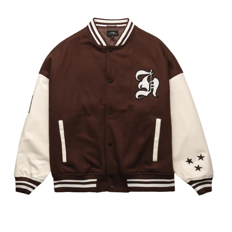 HOMME+ Wool Varsity Jacket Mocha/White Insulated Jacket Fitted Jacket Loose Jacket