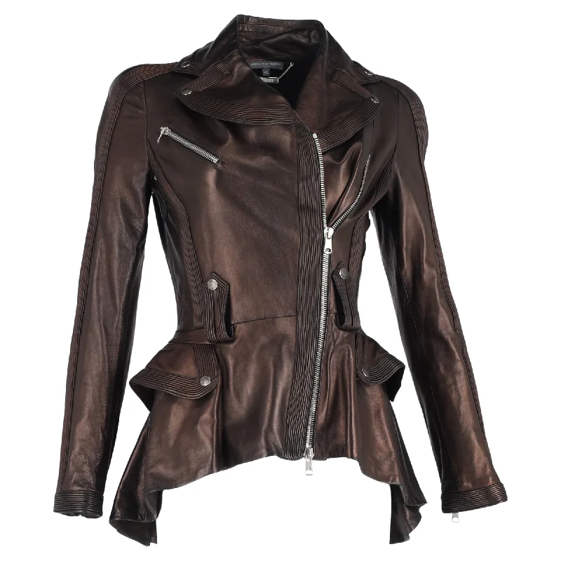 Alexander Mcqueen Peplum Biker Jacket in Brown Leather Herringbone Jacket Checkered Jacket Solid Jacket