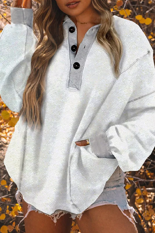 White Textured Side Pockets Buttoned Neckline Sweatshirt Hoodie with Hem Applique Textured Unique