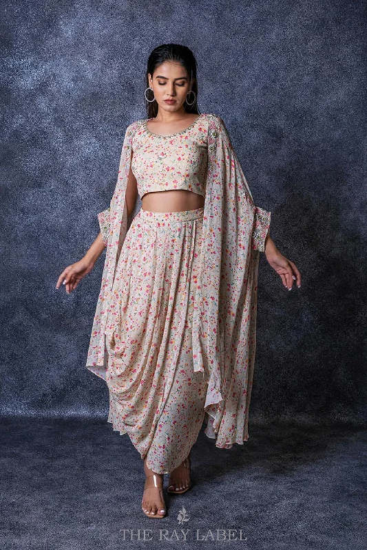 Offwhite Floral Pre Draped Skirt Set velvet skirt luxurious