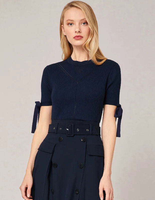 MARYLING BOW-DETAIL CREW-NECK POINTELLE SWEATER Fitted Slim Tailored