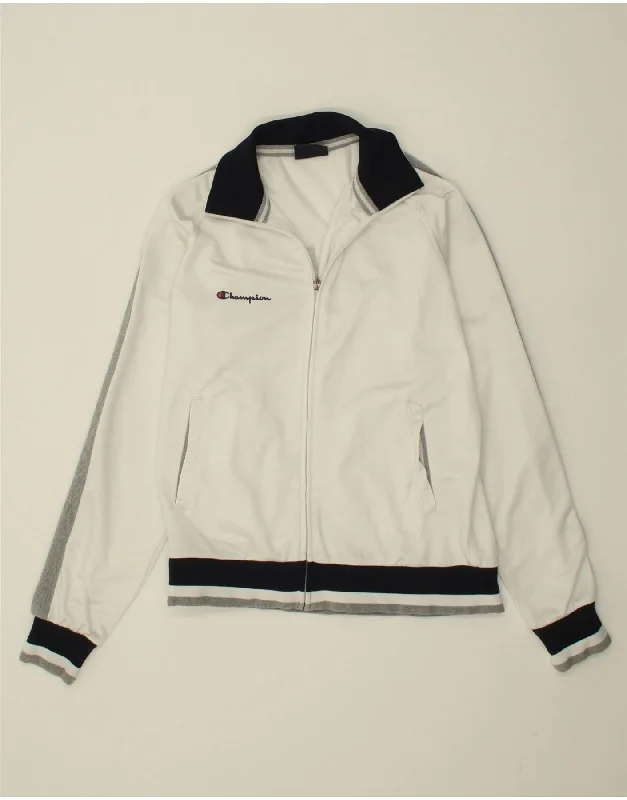 CHAMPION Womens Graphic Tracksuit Top Jacket UK 16 Large White Colourblock Zip Front Button Front Snap Front