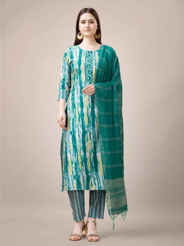 Women's Teal Rayon Print With Embroidery & Fancy Lace Work Kurta With Trouser & Dupatta - Jyoti Fashion Trousers Elastic Waist Soft