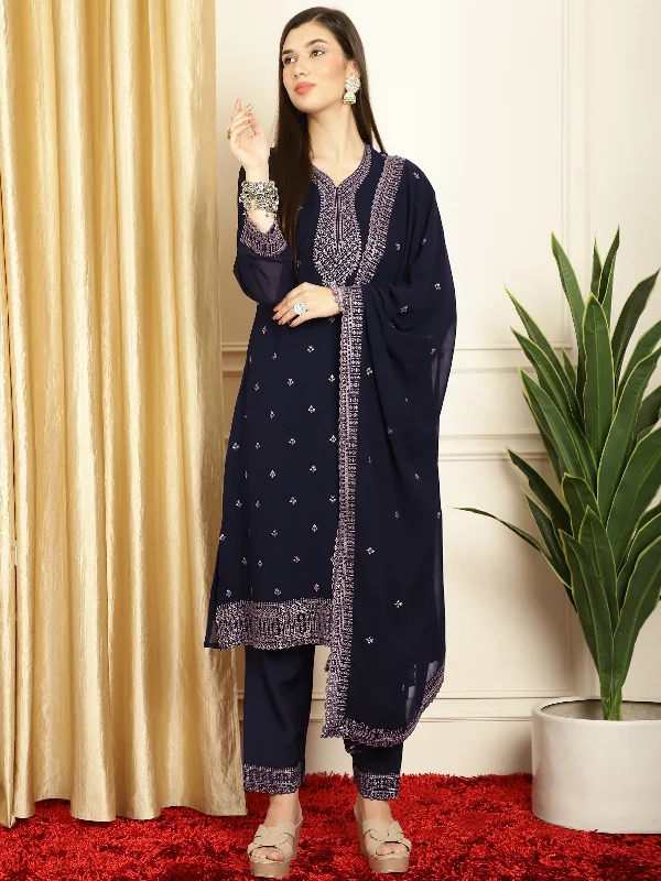 Women's Navy Blue Georgette Resham Thread & Sequin Kurta With Trouser & Dupatta - Jyoti Fashion Trousers Spring Floral