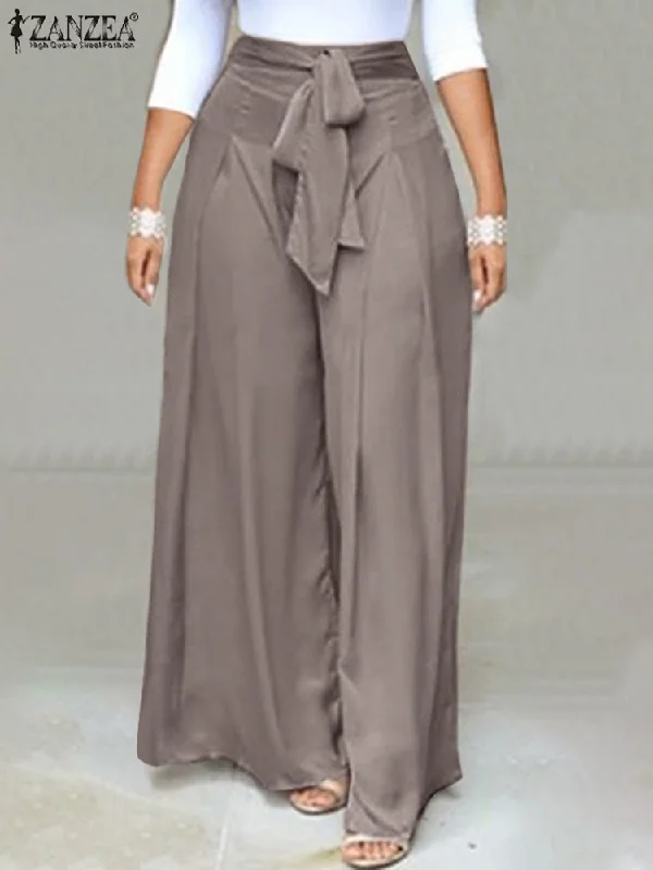 Elegant High Waist Solid Work Trousers ZANZEA Fashion Summer Women Loose Wide Leg Pants Palazzo Oversized Bow Tie Long Pantalon Trousers Timeless Classic