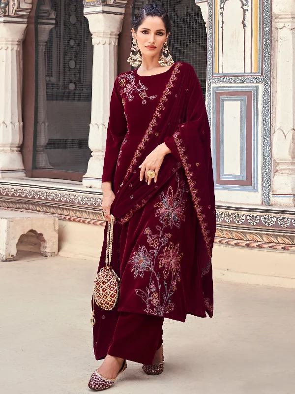 Women's Maroon Velvet Resham Thread With Jari & Sequin Kurta With Trouser & Dupatta - Jyoti Fashion Trousers Prom Sequined