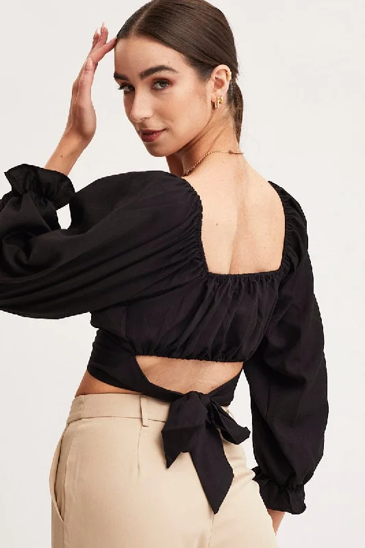 Black Crop Top Long Sleeve Silk Blend Satin Velvet