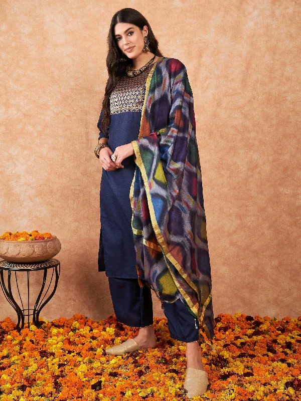 Women's Navy Blue Yoke Design Straight Kurta Trousers With Dupatta Set - Indo Era Trousers Gym Athletic