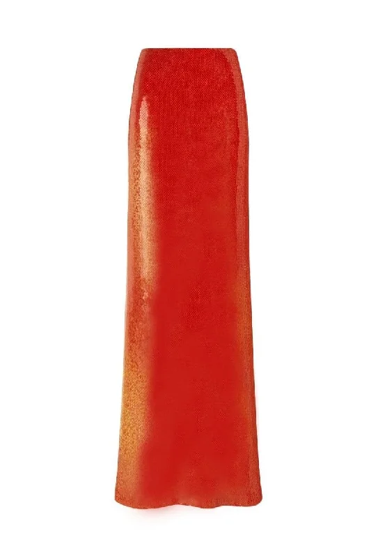 ORANGE SEQUIN SUN MAXI SKIRT ruffled skirt detail