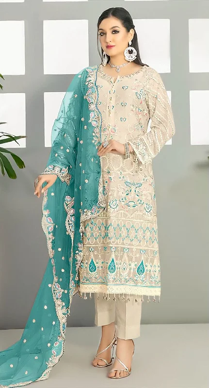 Women's Off White Georgette Embroidered With Handwork Kurta With Trouser & Dupatta - Jyoti Fashion Trousers Bootcut Casual