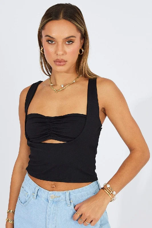 Black Crop Top Short Sleeveless Cashmere Blend Cotton Blend Poly Blend