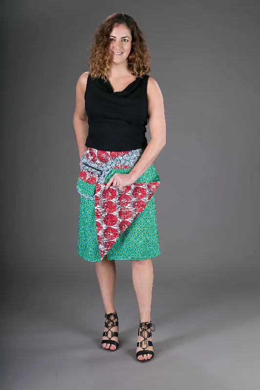 Reversible Cotton Skirt Green Red Floral Print with Pocket chiffon skirt airy