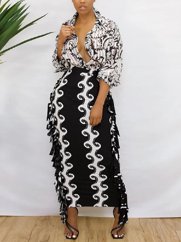 High Waist Tassels Figure Print Maxi Skirts leather skirt refined