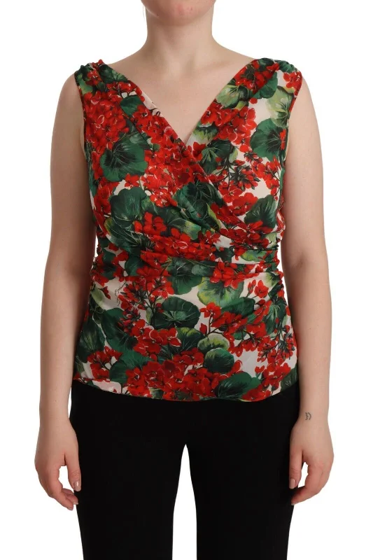Dolce & Gabbana Elegant V-Neck Geranium Print Silk Tank Women's Top fitted tank top
