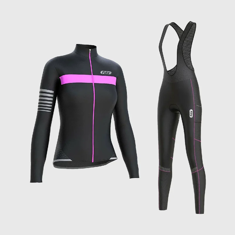 Fdx Women's & Girl's Set All Day Thermal Roubaix Long Sleeve Cycling Jersey & Cargo Bib Tights - Pink Bright Color Jersey Top Fdx Women's & Girl's Set All Day Thermal Roubaix Long Sleeve Cycling Jersey & Cargo Bib Tights - Pink Bright Color Jersey Top