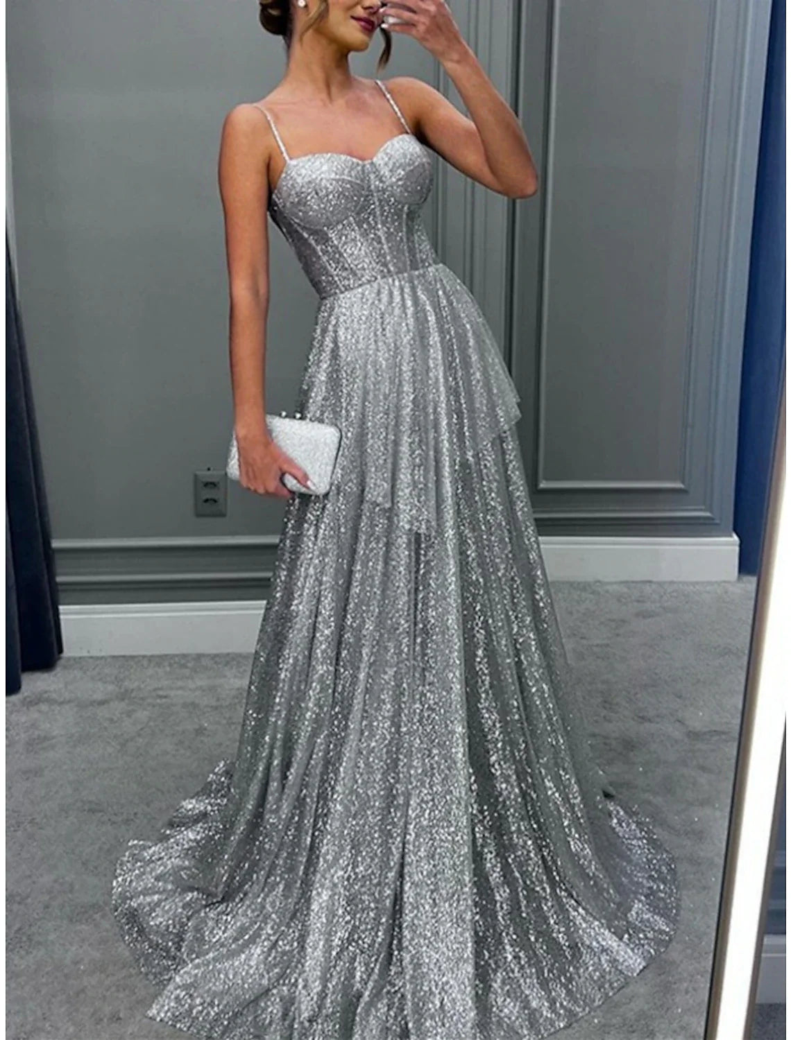 A-Line Evening Gown Elegant Dress Formal Sweep / Brush Train Sleeveless Spaghetti Strap Sequined with Glitter Pleats Tunics Versatile all-occasion A-Line Evening Gown Elegant Dress Formal Sweep / Brush Train Sleeveless Spaghetti Strap Sequined with Glitter Pleats Tunics Versatile all-occasion