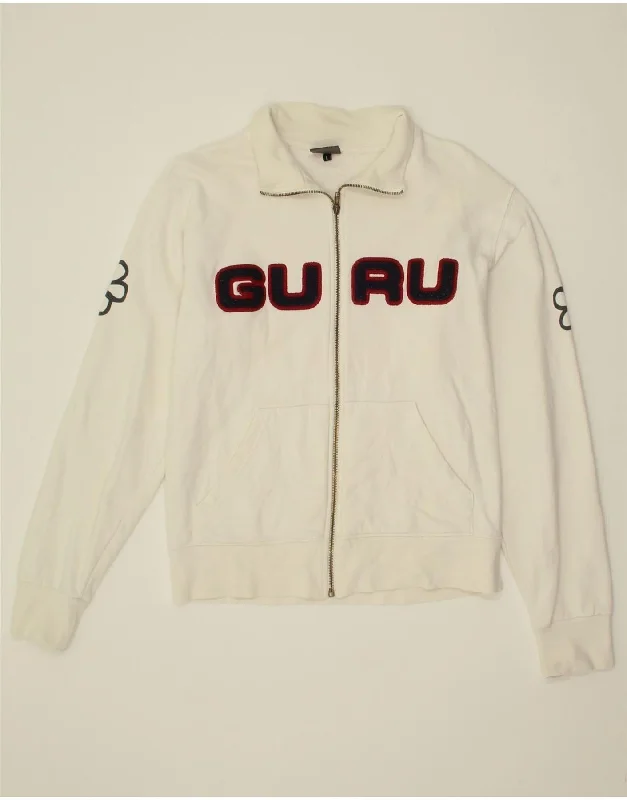 GURU Womens Graphic Tracksuit Top Jacket UK 16 Large White Floral Cotton Boat Neck Shawl Collar Notched Collar