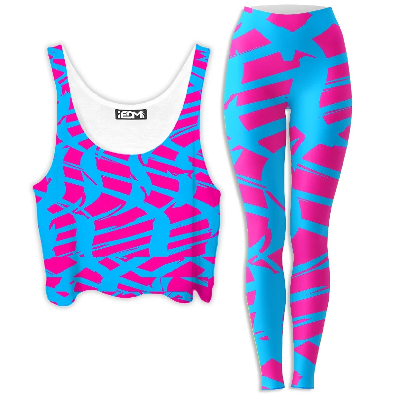 Pink and Blue Squiggly Rave Checkered Crop Top and Leggings Combo Knit Fabric Woven Fabric Fleece Fabric