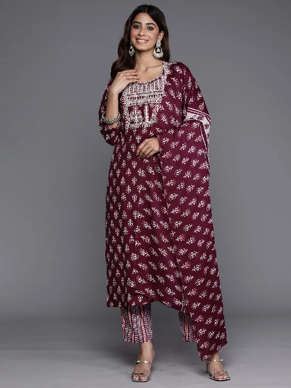 Women's Burgundy Printed Straight Kurta Trousers With Dupatta Set - Indo Era Trousers Trousers Formal